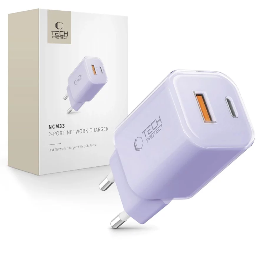Ładowarka sieciowa Tech-Protect NCM33 PD 33W QC3.0 USB-C / USB-C - fioletowa