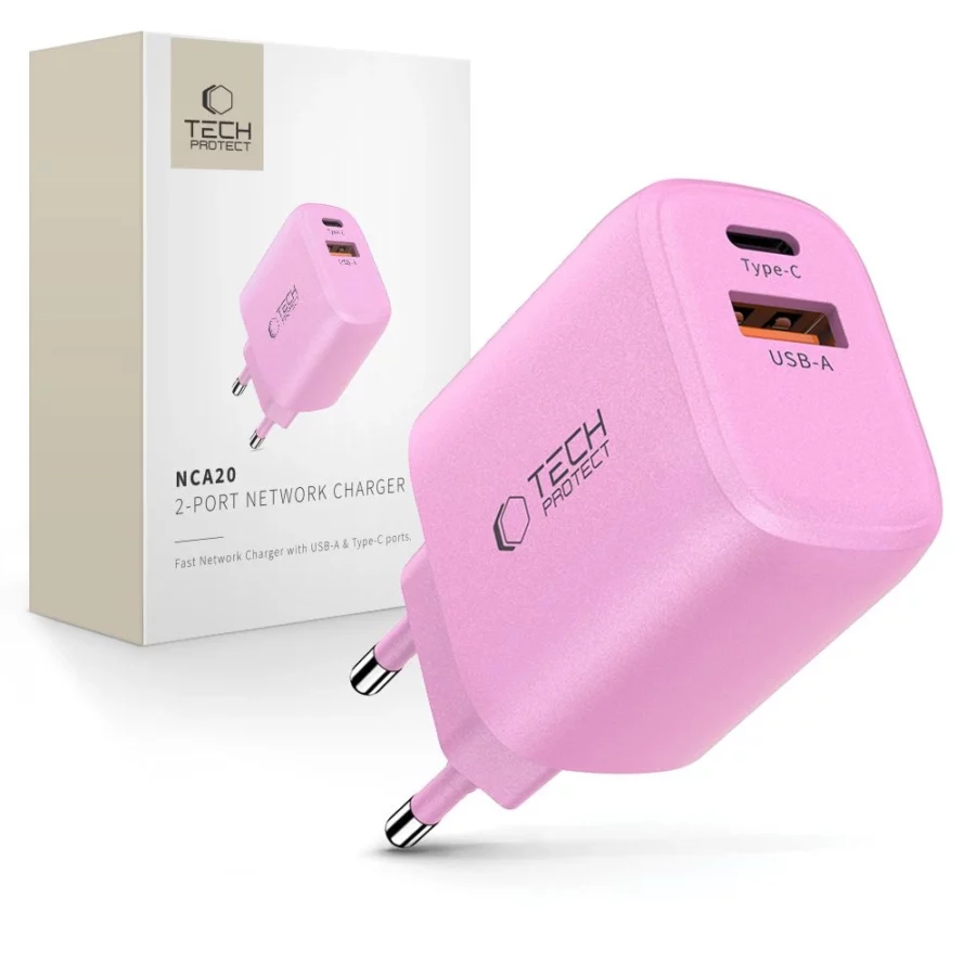 Ładowarka sieciowa Tech-Protect NCA20 PD 20W QC3.0 USB-A / USB-C - różowa