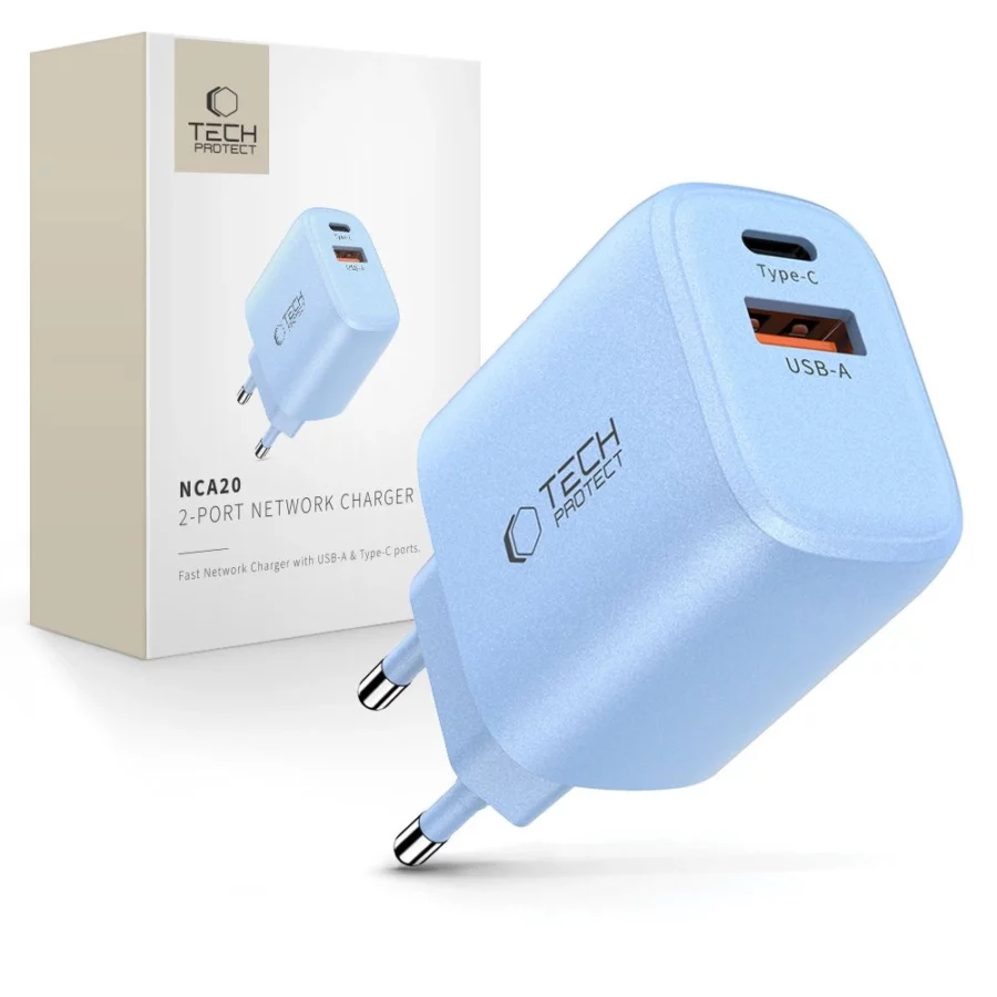 Ładowarka sieciowa Tech-Protect NCA20 PD 20W QC3.0 USB-A / USB-C - niebieska