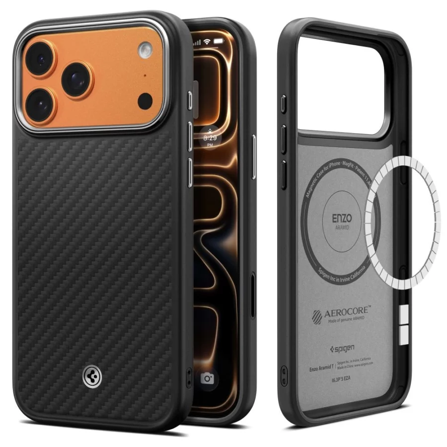 Etui Spigen Enzo Aramid "T" MagSafe na iPhone 17 Pro - czarno-srebrne