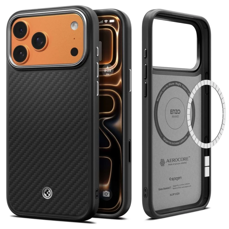 Etui Spigen Enzo Aramid "T" MagSafe na iPhone 17 Pro Max - czarno-srebrne