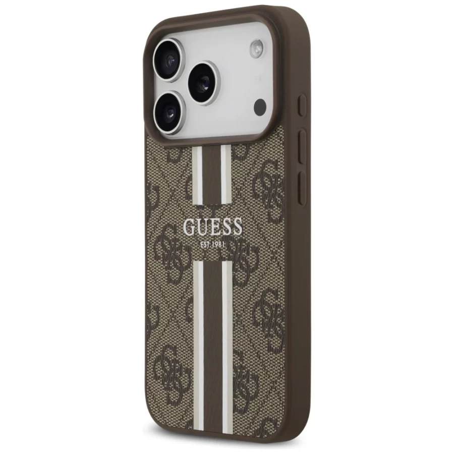 Etui Guess 4G Printed Stripes MagSafe na iPhone 17 Pro - brązowe