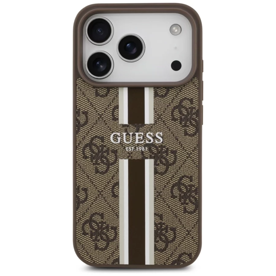 Etui Guess 4G Printed Stripes MagSafe na iPhone 17 Pro - brązowe