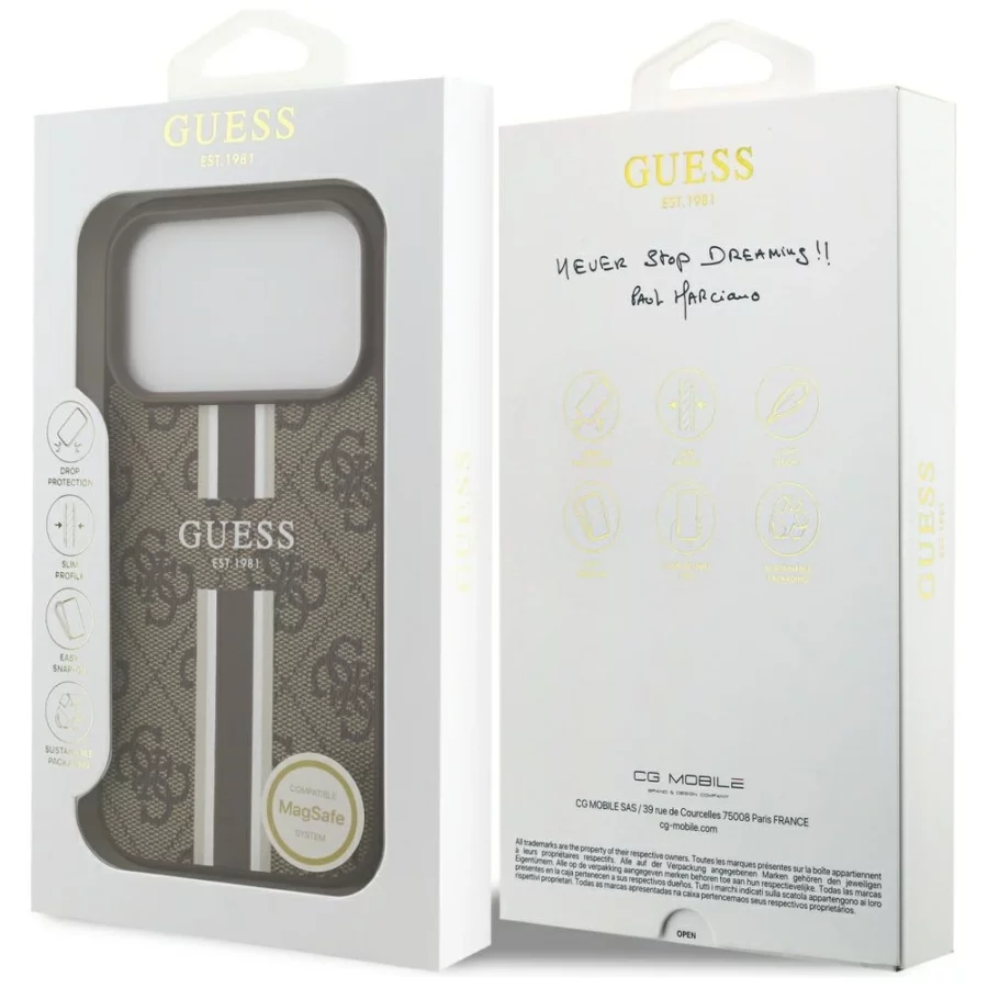 Etui Guess 4G Printed Stripes MagSafe na iPhone 17 Pro - brązowe