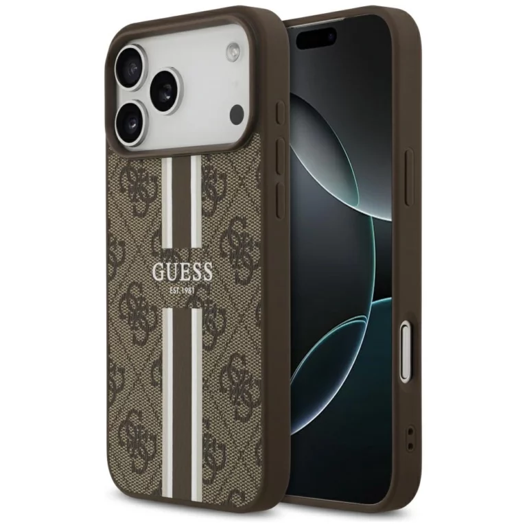 Etui Guess 4G Printed Stripes MagSafe na iPhone 17 Pro Max - brązowe