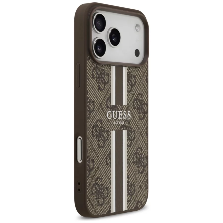 Etui Guess 4G Printed Stripes MagSafe na iPhone 17 Pro Max - brązowe