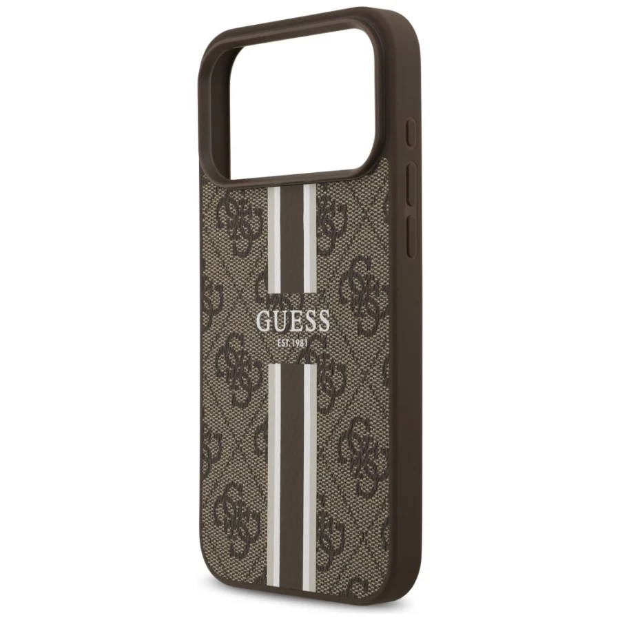 Etui Guess 4G Printed Stripes MagSafe na iPhone 17 Pro Max - brązowe