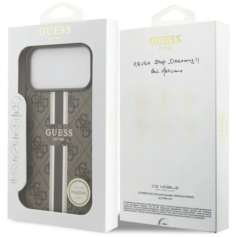 Etui Guess 4G Printed Stripes MagSafe na iPhone 17 Pro Max - brązowe