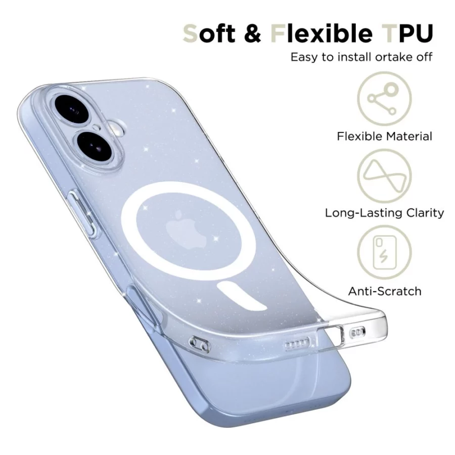 Etui Tech-Protect FlexAir MagSafe na iPhone 17- przezroczysto-brokatowe
