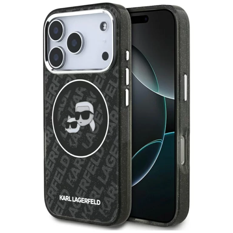 Etui Karl Lagerfeld IML Glitter Karl&Choupette Heads Logo MagSafe na iPhone 17 Pro - czarne