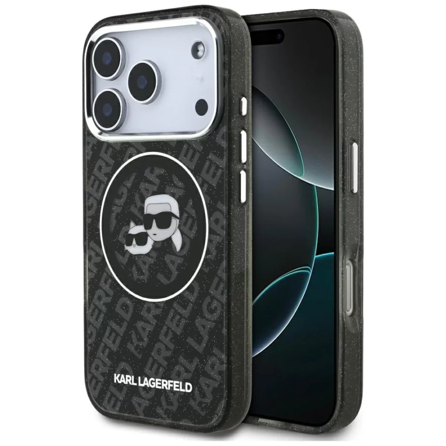 Etui Karl Lagerfeld IML Glitter Karl&Choupette Heads Logo MagSafe na iPhone 17 Pro - czarne