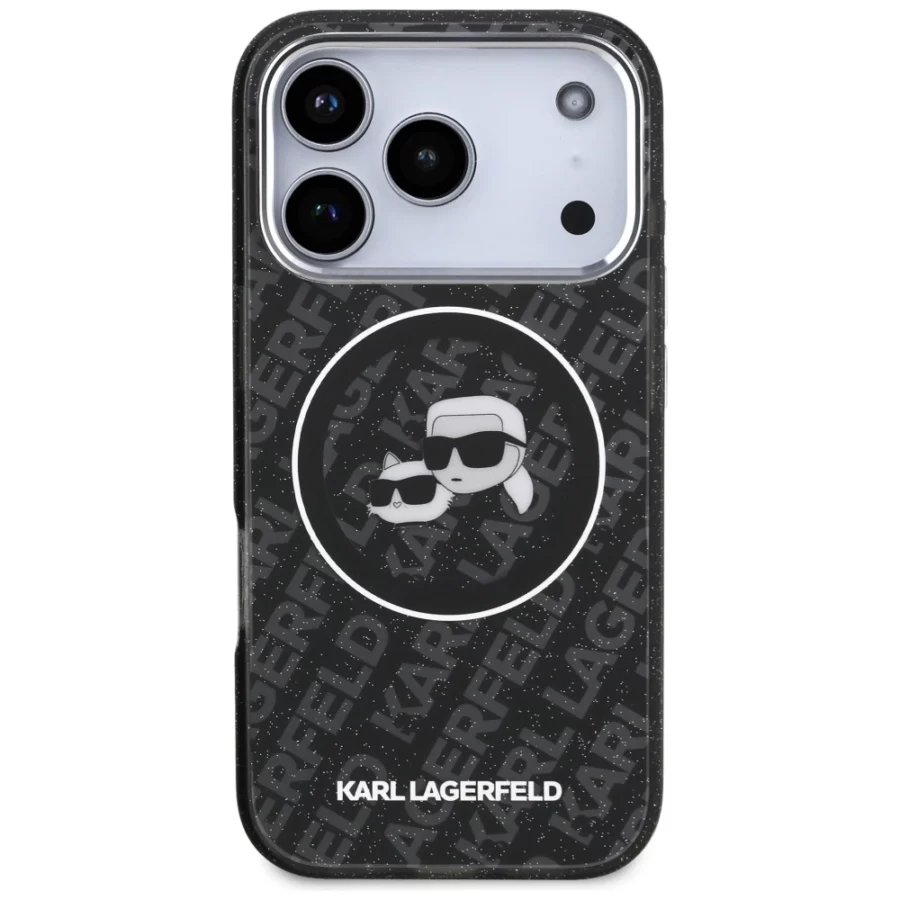 Etui Karl Lagerfeld IML Glitter Karl&Choupette Heads Logo MagSafe na iPhone 17 Pro - czarne