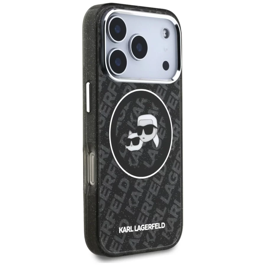 Etui Karl Lagerfeld IML Glitter Karl&Choupette Heads Logo MagSafe na iPhone 17 Pro - czarne