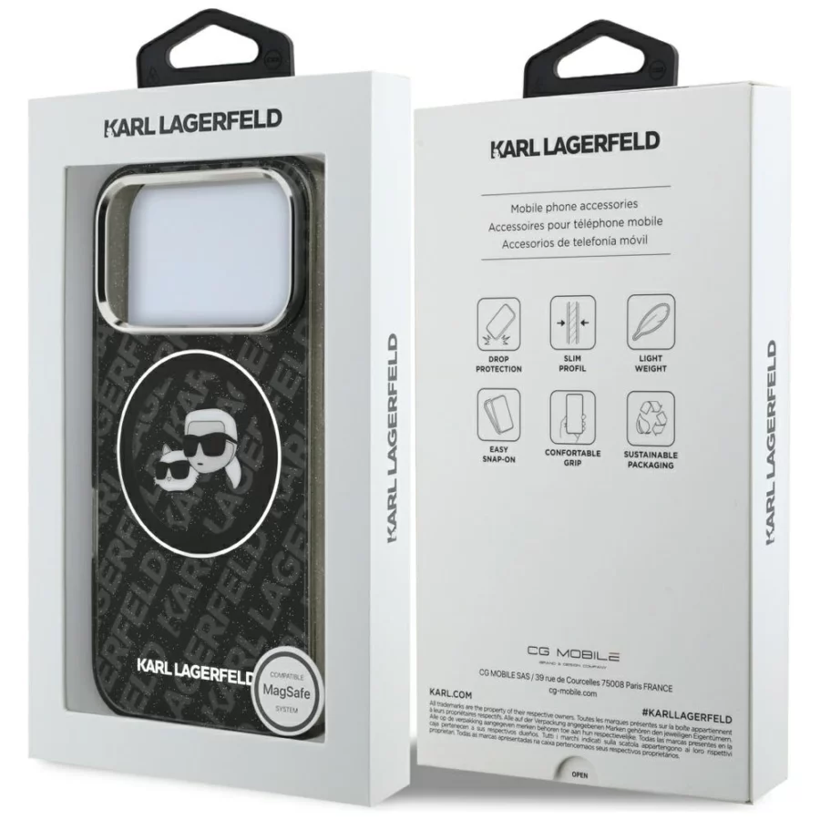 Etui Karl Lagerfeld IML Glitter Karl&Choupette Heads Logo MagSafe na iPhone 17 Pro - czarne