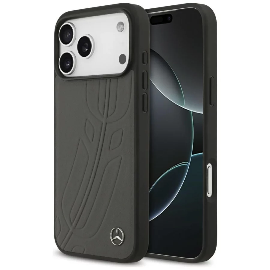 Etui Mercedes Leather Large Laurel Leave MagSafe na iPhone 17 Pro Max - czarno-szary