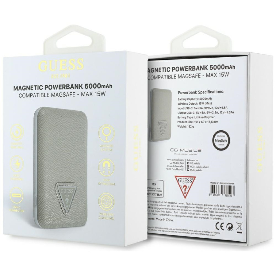 Powerbank indukcyjny Guess Grained       Triangle 5000mAh 15W USB-C MagSafe beżowy