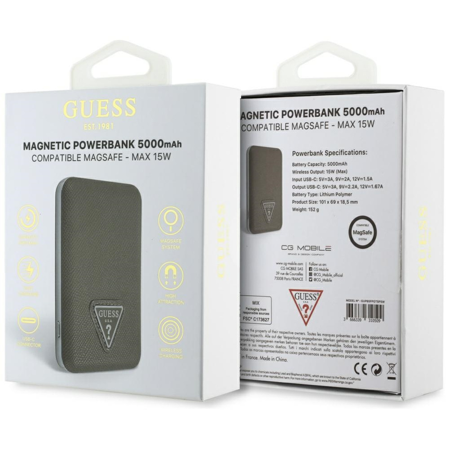Powerbank indukcyjny Guess Grained       Triangle 5000mAh 15W USB-C MagSafe brązowy