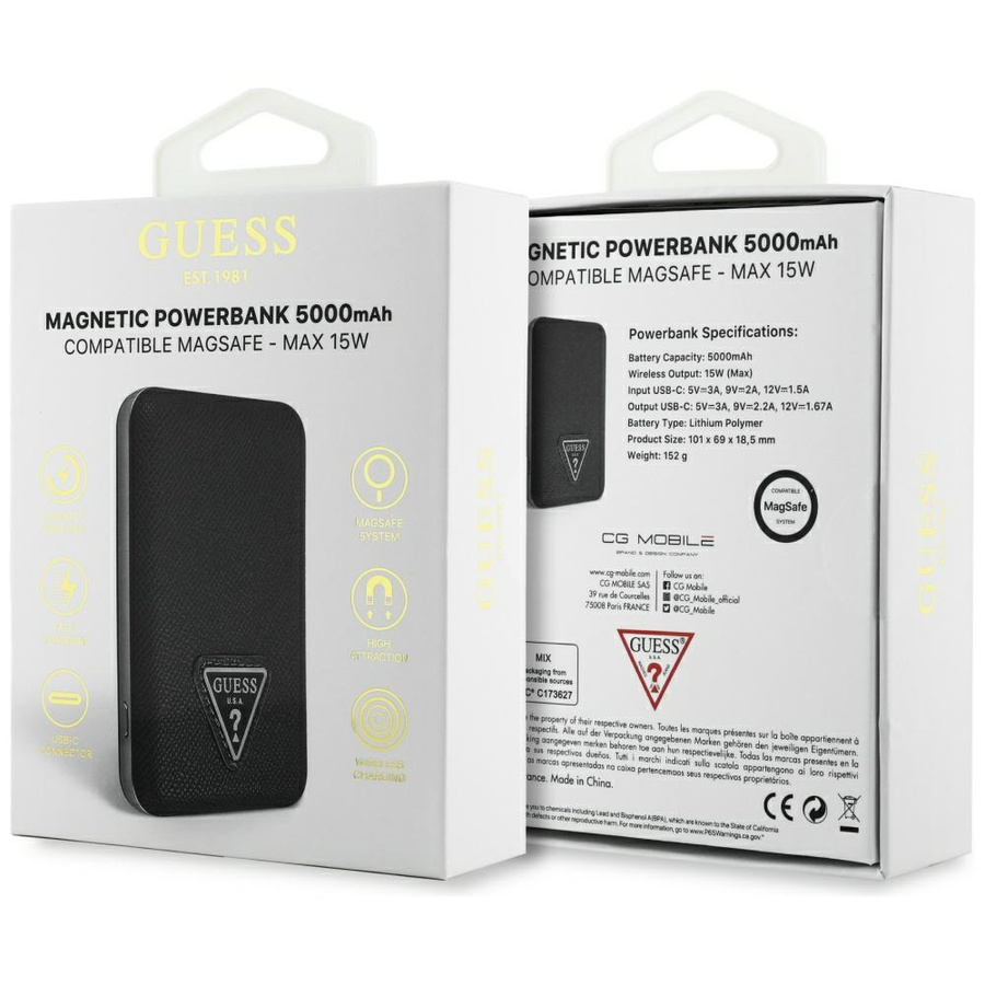Powerbank indukcyjny Guess Grained       Triangle 5000mAh 15W USB-C MagSafe czarny