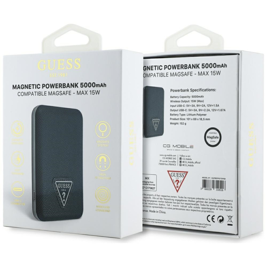 Powerbank indukcyjny Guess Grained       Triangle 5000mAh 15W USB-C MagSafe niebieski
