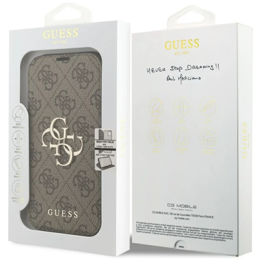 Etui Guess Book 4G Metal Logo na iPhone 17 Pro - brązowe