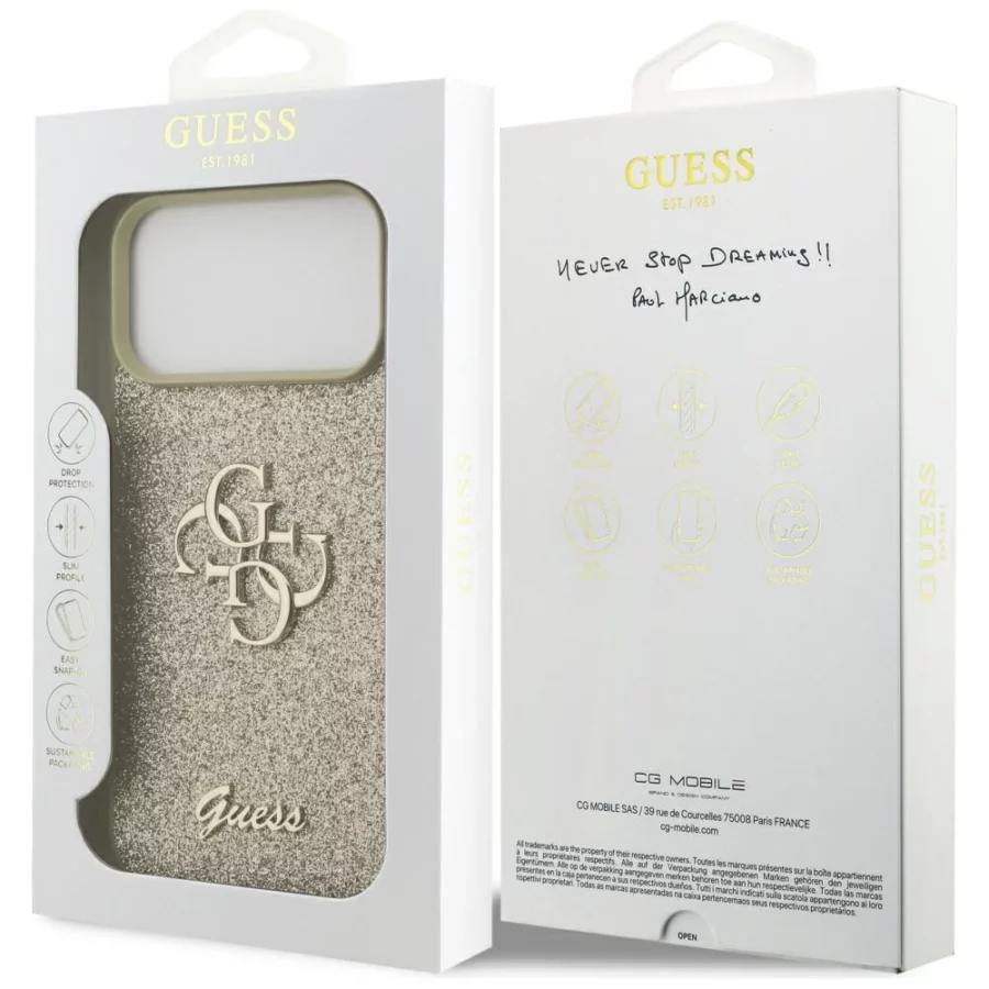 Etui Guess Fixed Glitter Big 4G na iPhone 17 Pro Max - złote