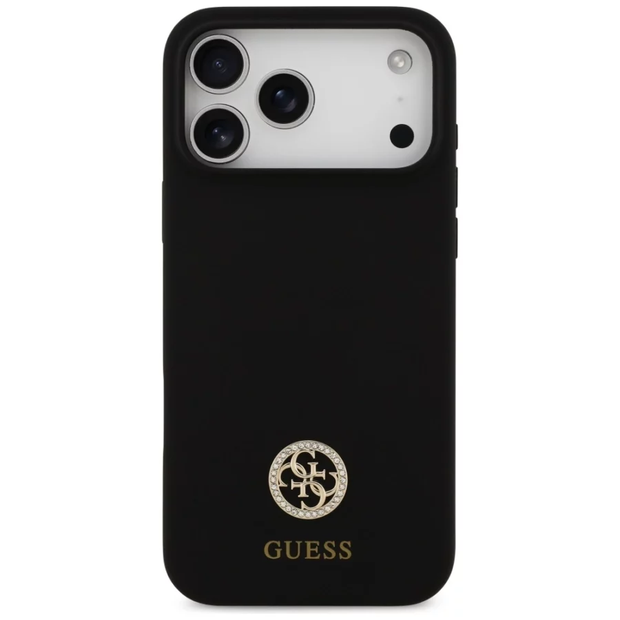 Etui Guess Silicone Logo Strass 4G MagSafe na iPhone 17 Pro Max - czarne