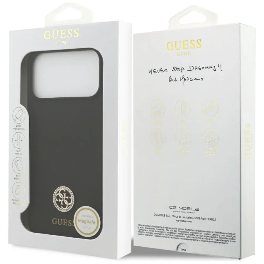 Etui Guess Silicone Logo Strass 4G MagSafe na iPhone 17 Pro Max - czarne