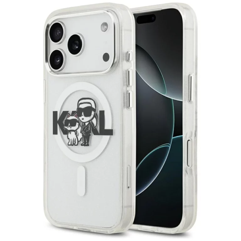 Etui Karl Lagerfeld IML Glitter Karl & Choupette Sketch Logo MagSafe na iPhone 17 Pro - przezroczyste