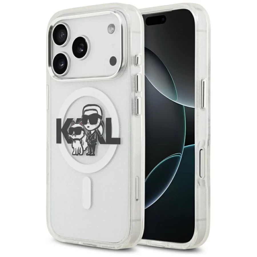 Etui Karl Lagerfeld IML Glitter Karl & Choupette Sketch Logo MagSafe na iPhone 17 Pro - przezroczyste