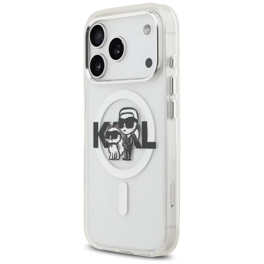 Etui Karl Lagerfeld IML Glitter Karl & Choupette Sketch Logo MagSafe na iPhone 17 Pro - przezroczyste
