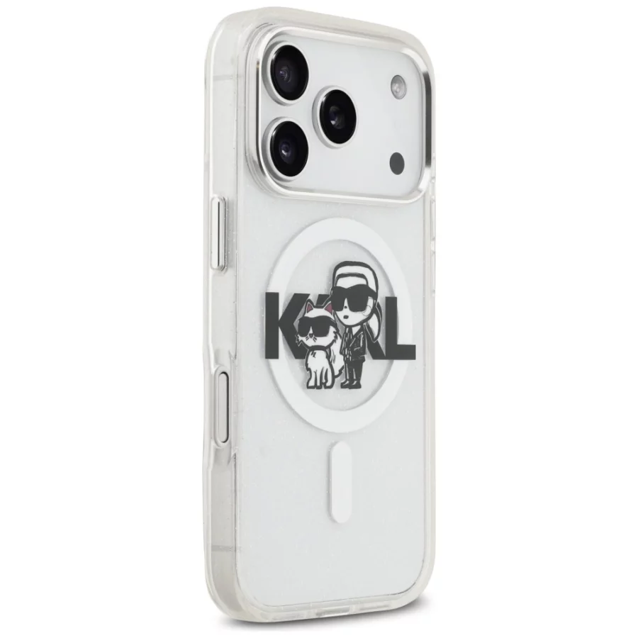 Etui Karl Lagerfeld IML Glitter Karl & Choupette Sketch Logo MagSafe na iPhone 17 Pro - przezroczyste