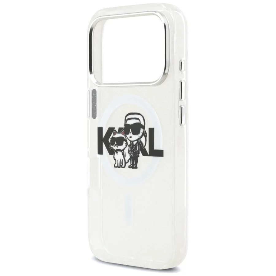 Etui Karl Lagerfeld IML Glitter Karl & Choupette Sketch Logo MagSafe na iPhone 17 Pro - przezroczyste
