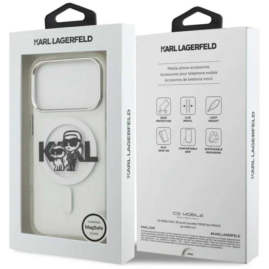 Etui Karl Lagerfeld IML Glitter Karl & Choupette Sketch Logo MagSafe na iPhone 17 Pro - przezroczyste