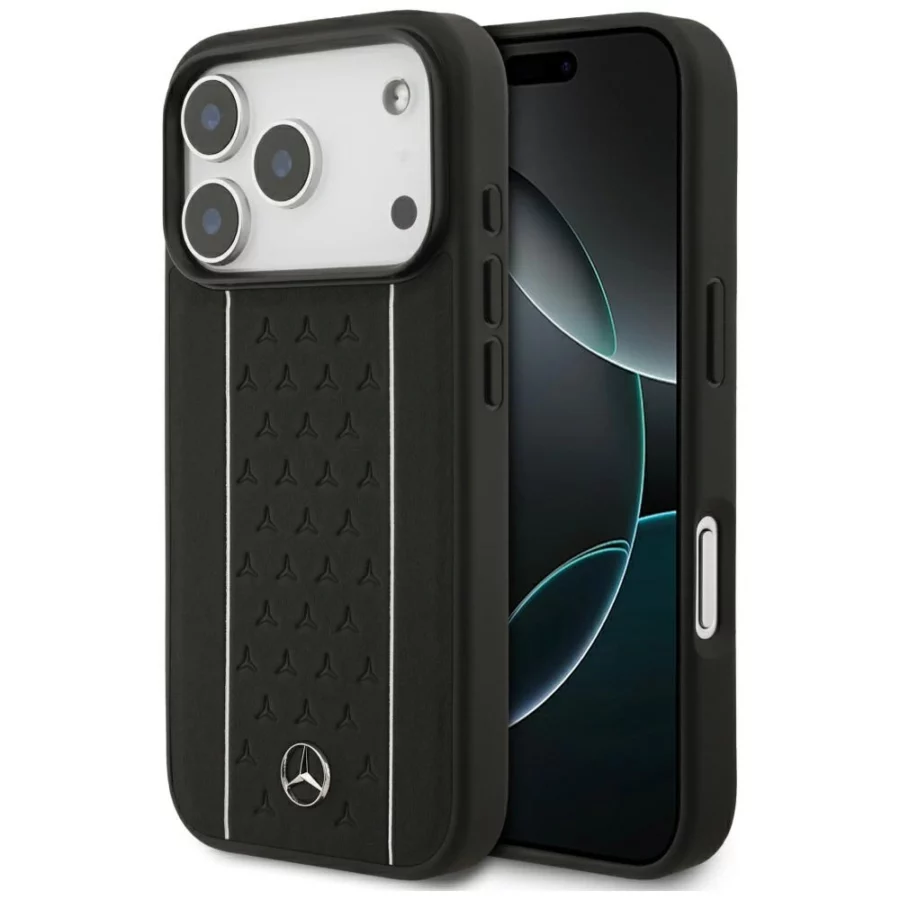 Etui Mercedes Leather Star Pattern Stripes MagSafe na iPhone 17 Pro - czarne