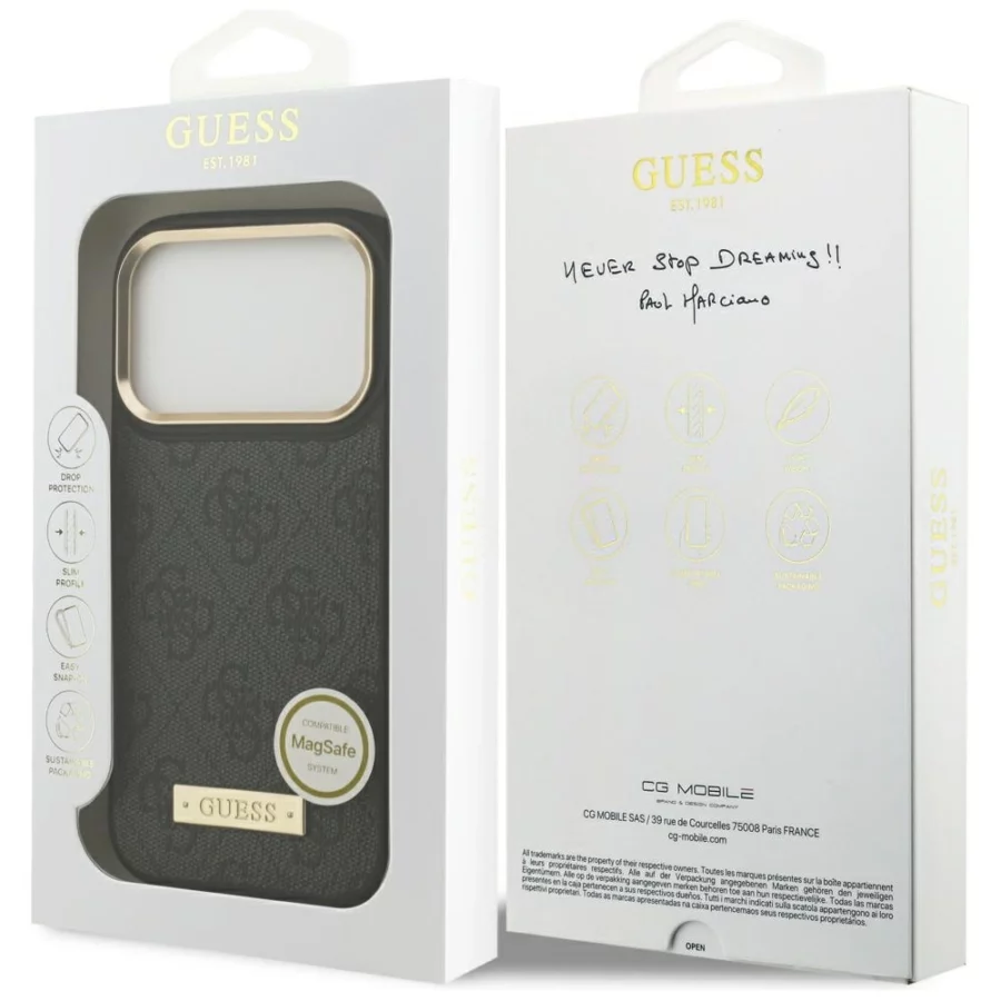 Etui Guess 4G Logo Plate MagSafe na iPhone 17 Pro -czarne