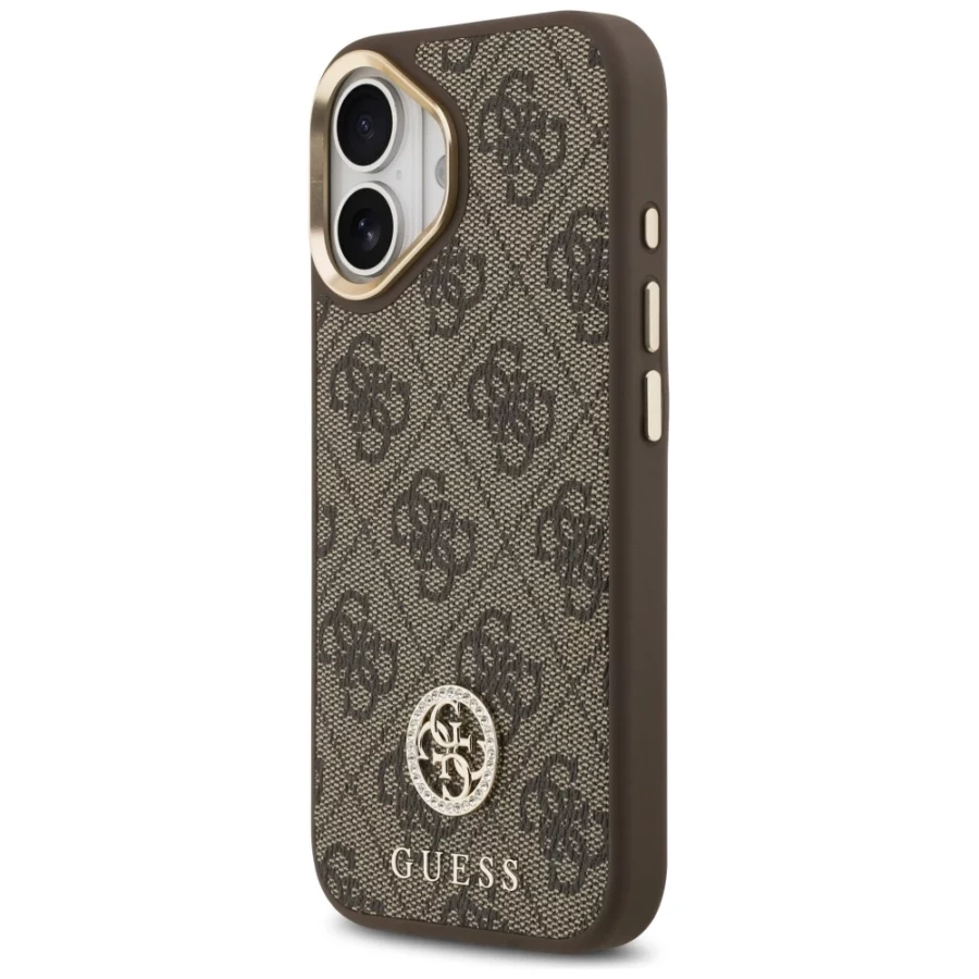 Etui Guess 4G Strass Logo & Big Strap Metal Buttons MagSafe na iPhone 17 - brązowe