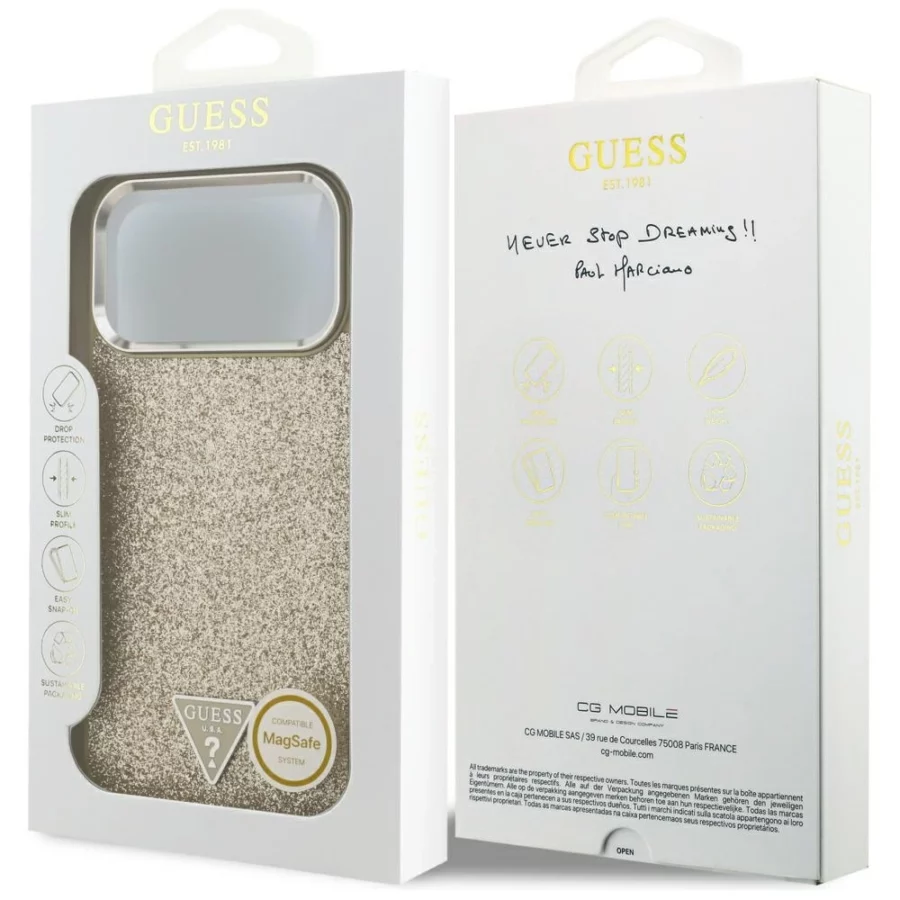 Etui Guess Glitter Triangle Logo MagSafe na iPhone 17 Pro Max - złote