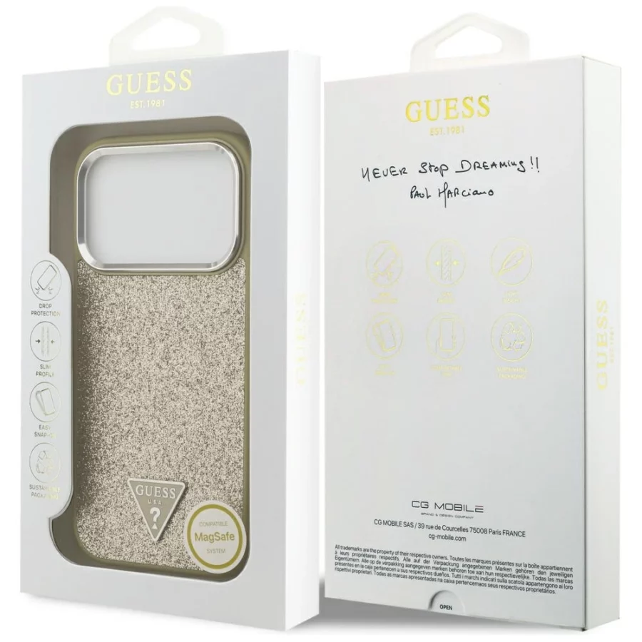 Etui Guess Glitter Triangle Logo MagSafe na iPhone 17 Pro - złote