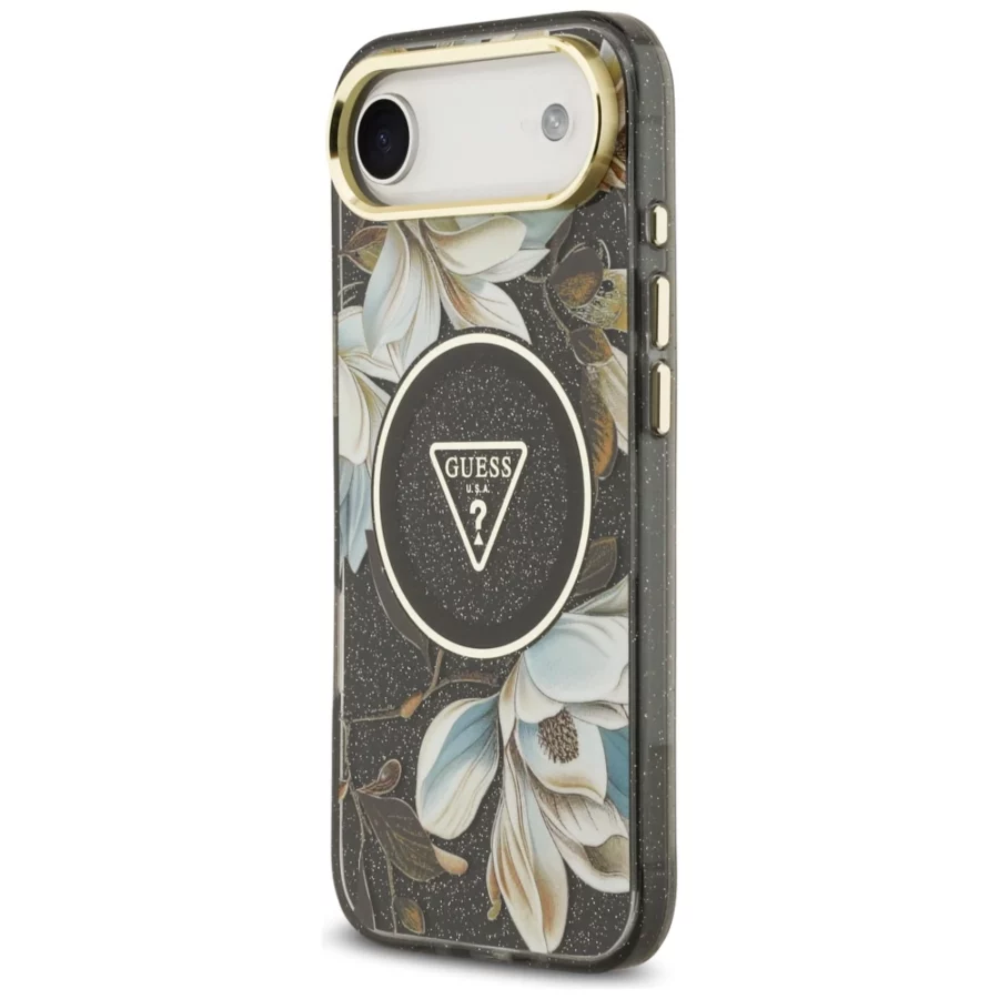 Etui Guess IML Glitter Flowers Triangle MagSafe do iPhone Air - czarne