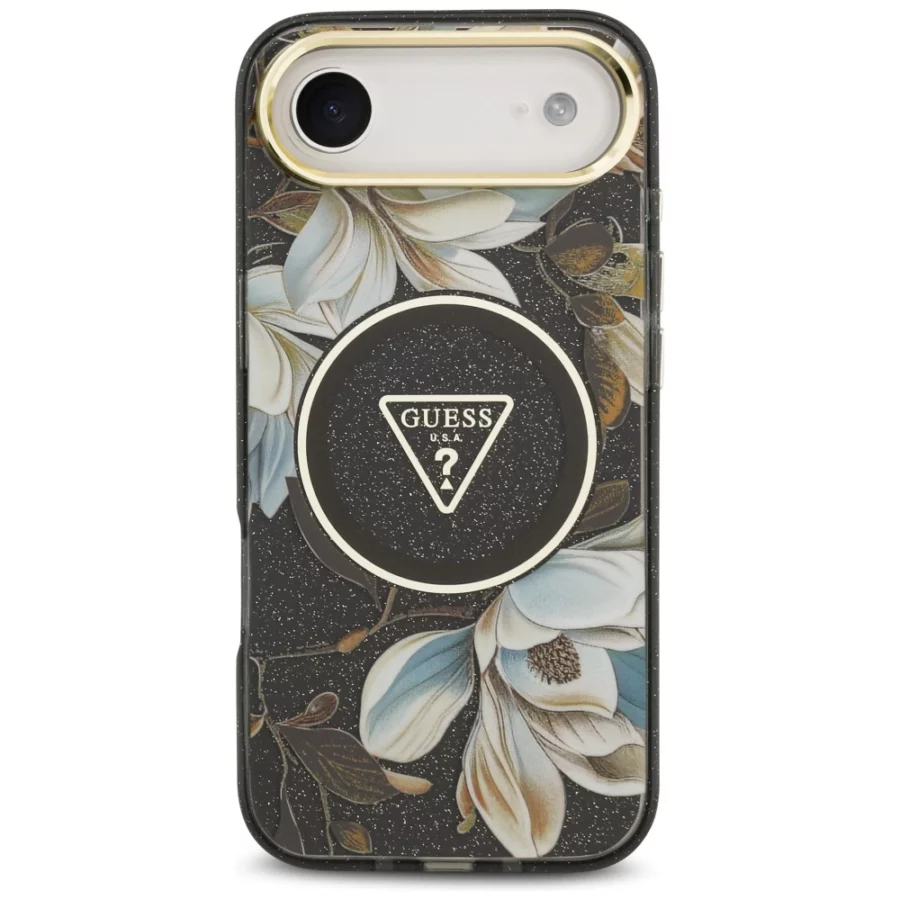 Etui Guess IML Glitter Flowers Triangle MagSafe do iPhone Air - czarne