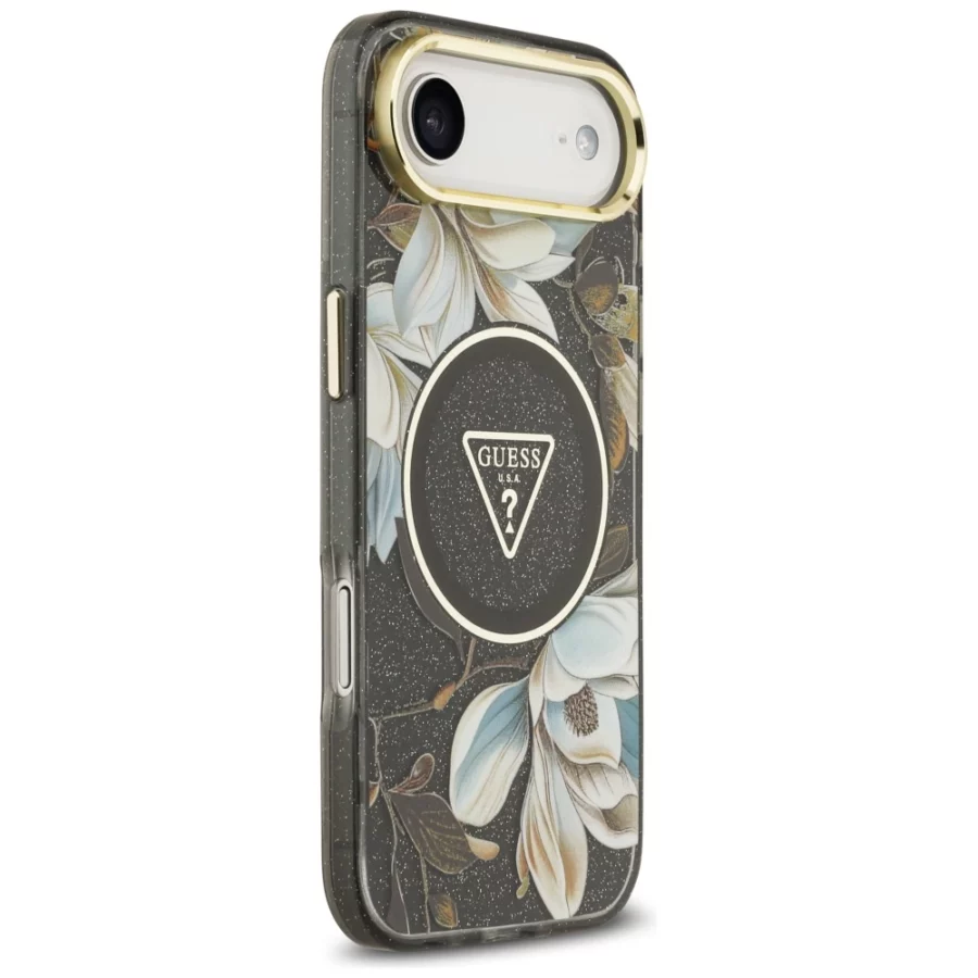Etui Guess IML Glitter Flowers Triangle MagSafe do iPhone Air - czarne