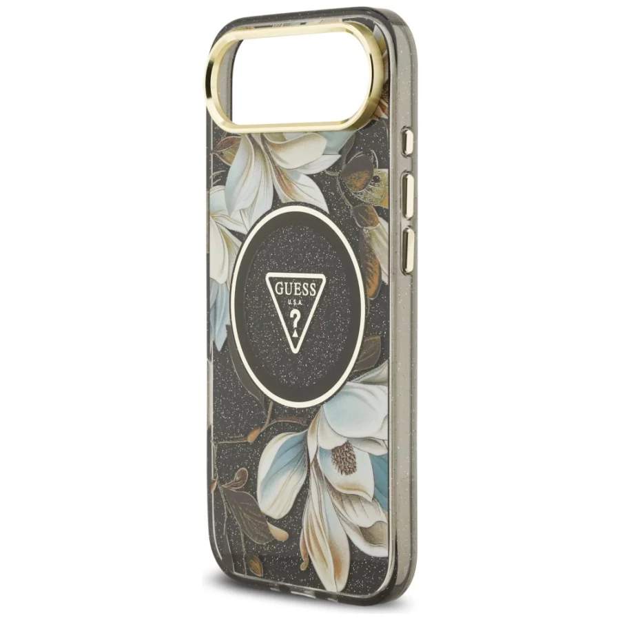 Etui Guess IML Glitter Flowers Triangle MagSafe do iPhone Air - czarne