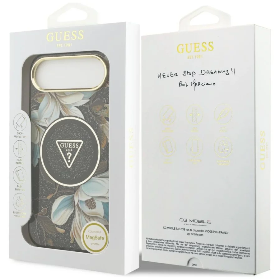 Etui Guess IML Glitter Flowers Triangle MagSafe do iPhone Air - czarne