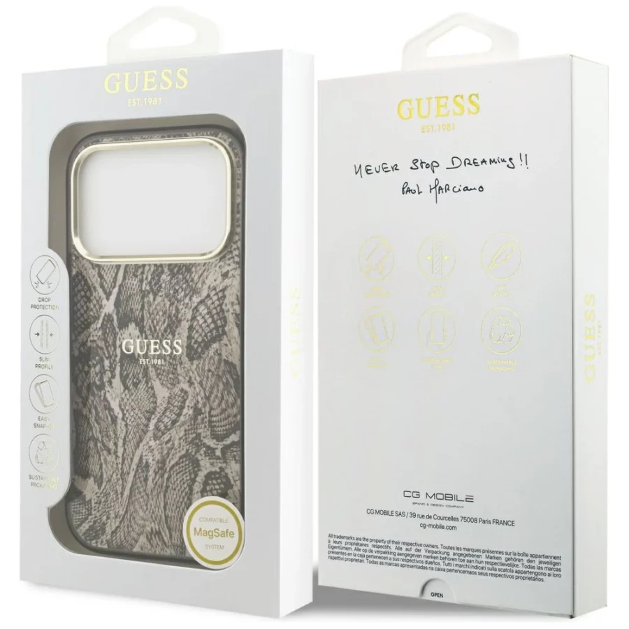 Etui Guess Python Pattern MagSafe na iPhone 17 Pro - brązowe