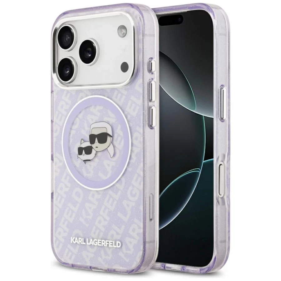 Etui Karl Lagerfeld IML Glitter Karl & Choupette Heads Logo MagSafe na iPhone 17 Pro - fioletowe