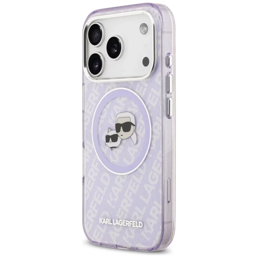Etui Karl Lagerfeld IML Glitter Karl & Choupette Heads Logo MagSafe na iPhone 17 Pro - fioletowe