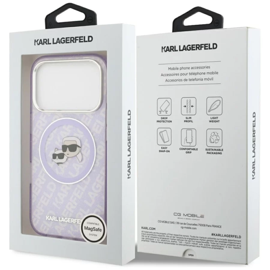 Etui Karl Lagerfeld IML Glitter Karl & Choupette Heads Logo MagSafe na iPhone 17 Pro - fioletowe