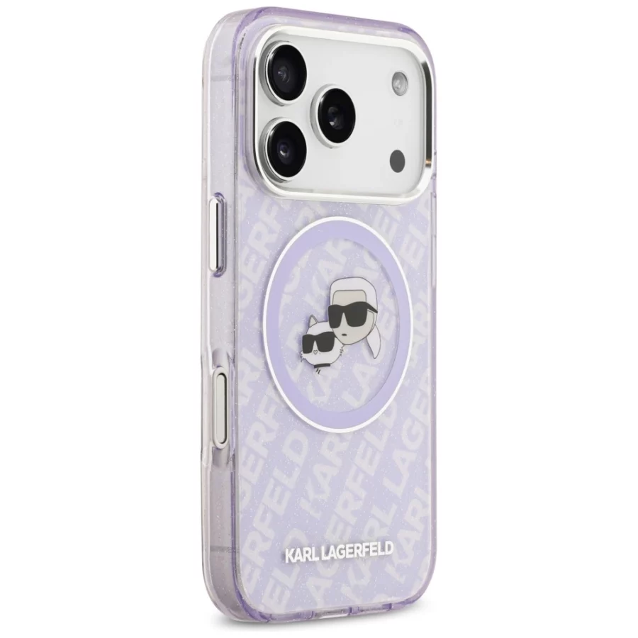 Etui Karl Lagerfeld IML Glitter Karl & Choupette Heads Logo MagSafe na iPhone 17 Pro Max - fioletowe