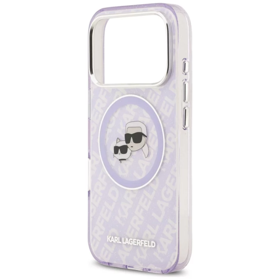 Etui Karl Lagerfeld IML Glitter Karl & Choupette Heads Logo MagSafe na iPhone 17 Pro Max - fioletowe