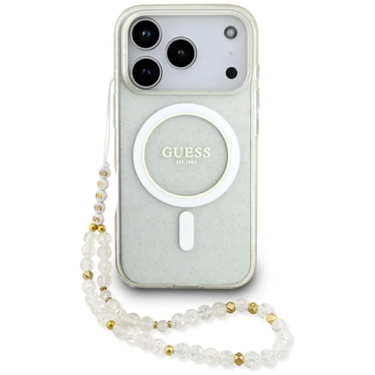 Etui Guess IML Glitter Pearl Strap MagSafe na iPhone 17 Pro - przezroczyste